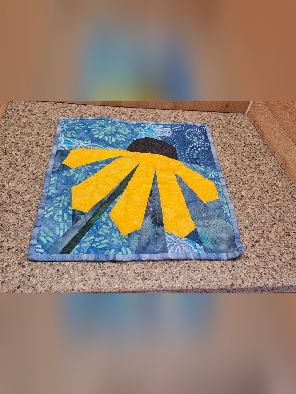 Handmade Quilted Wall Hanging Sunflower Yellow Daisy Batik Fabric Blue 12x12